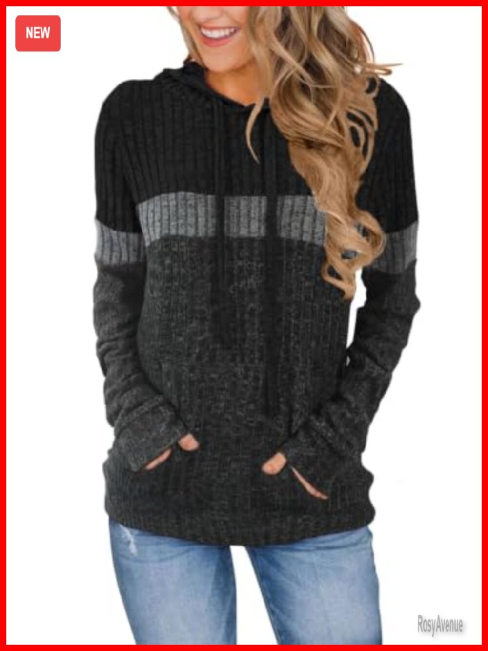 Women's Color Block Knit Hoodie Long Sleeve Pullover Sweater with Pocket